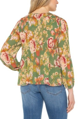 Olive V-Neck Pleated Top