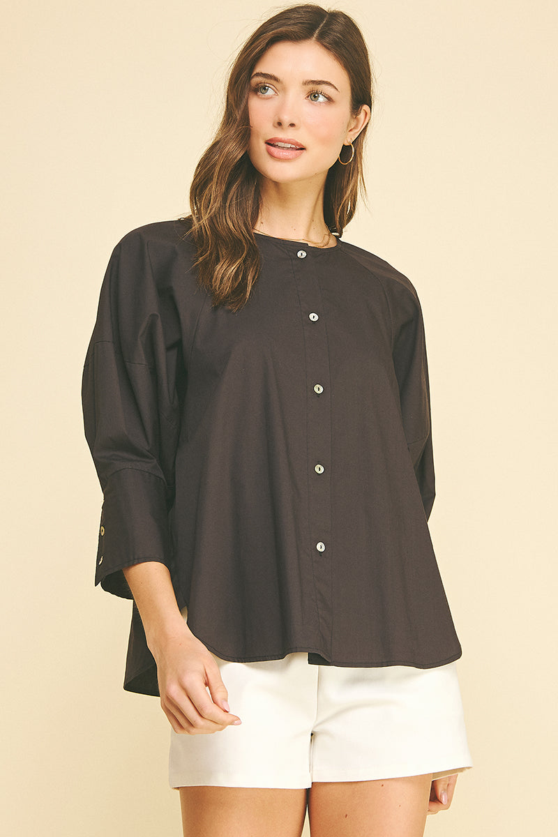 Pinch 3/4 Sleeve Button Down Blouse