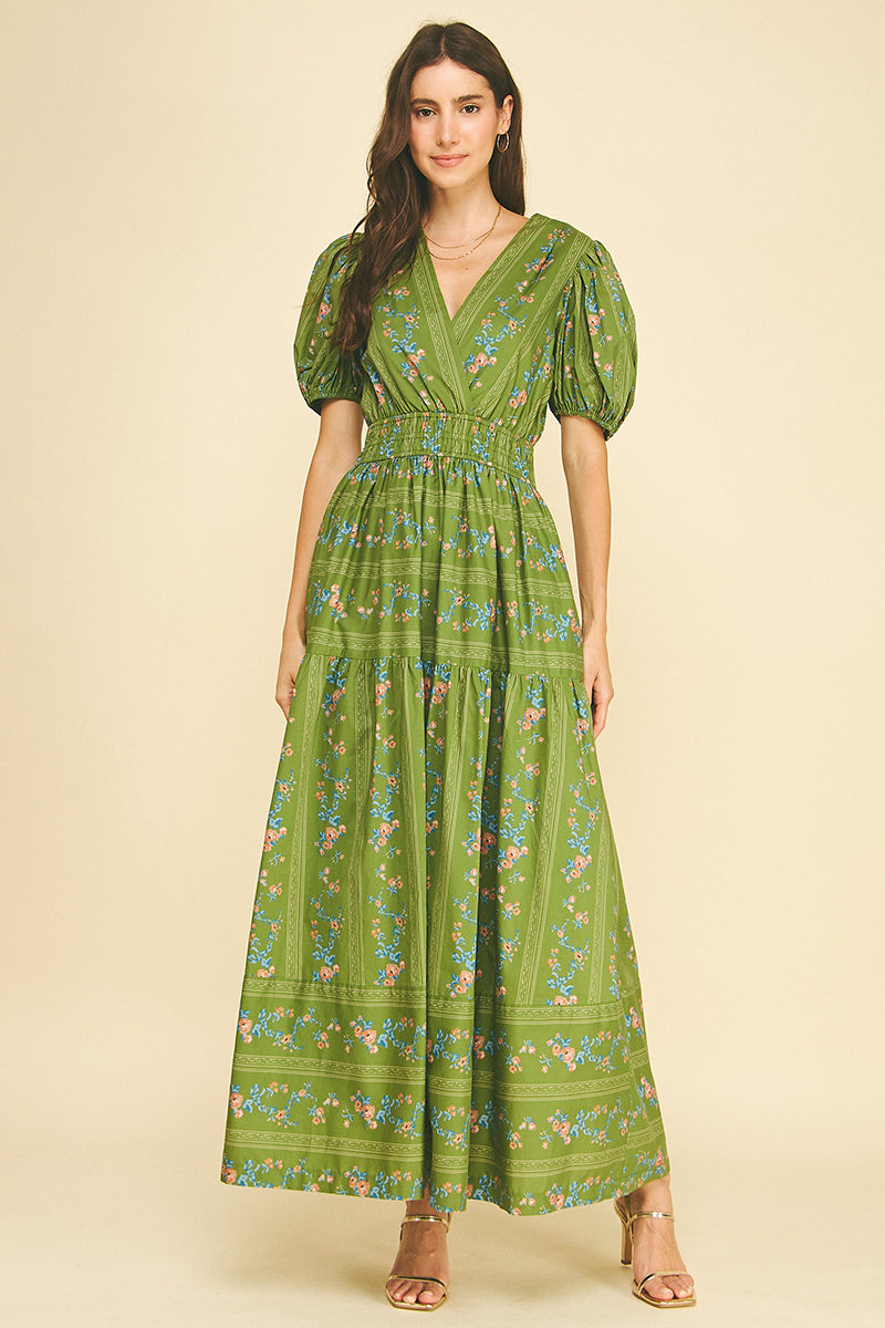Olive Bloom Smocked Maxi Dress