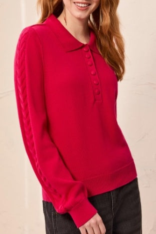 Tribal - Jazzy Cable Sleeve Polo Sweater