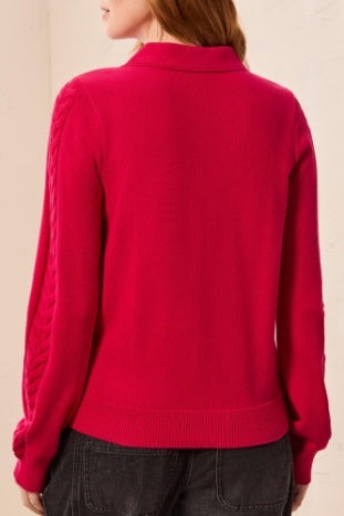 Tribal - Jazzy Cable Sleeve Polo Sweater