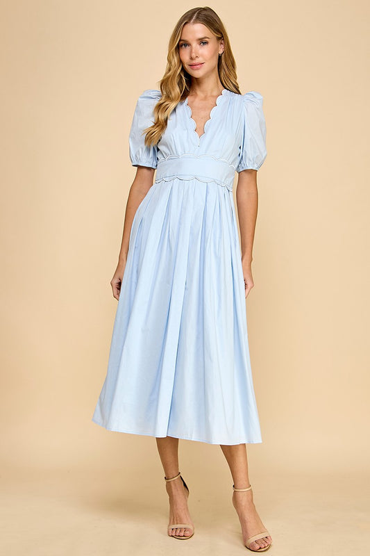 V-Neckline Scalloped Midi Dress