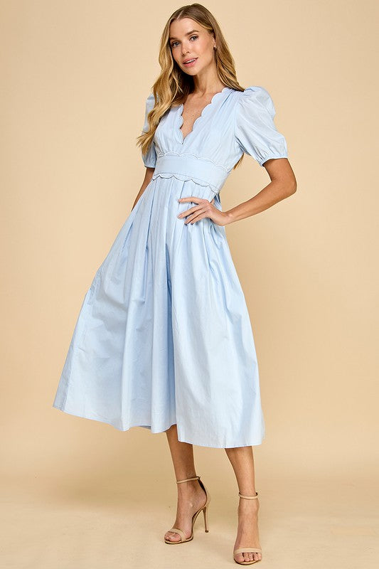 V-Neckline Scalloped Midi Dress