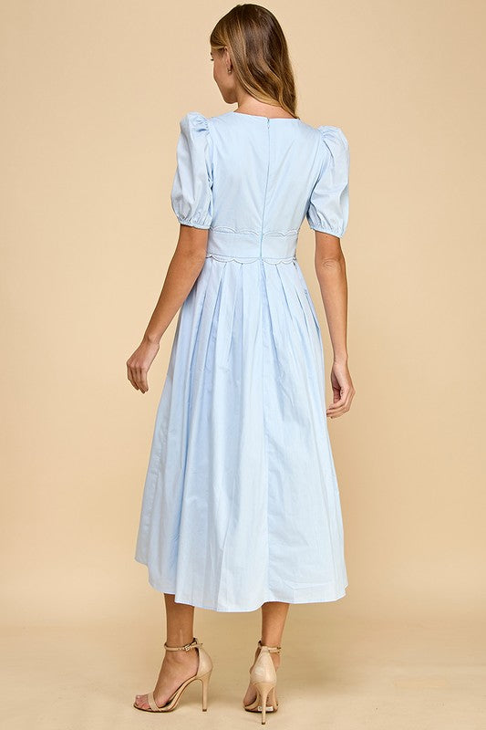 V-Neckline Scalloped Midi Dress