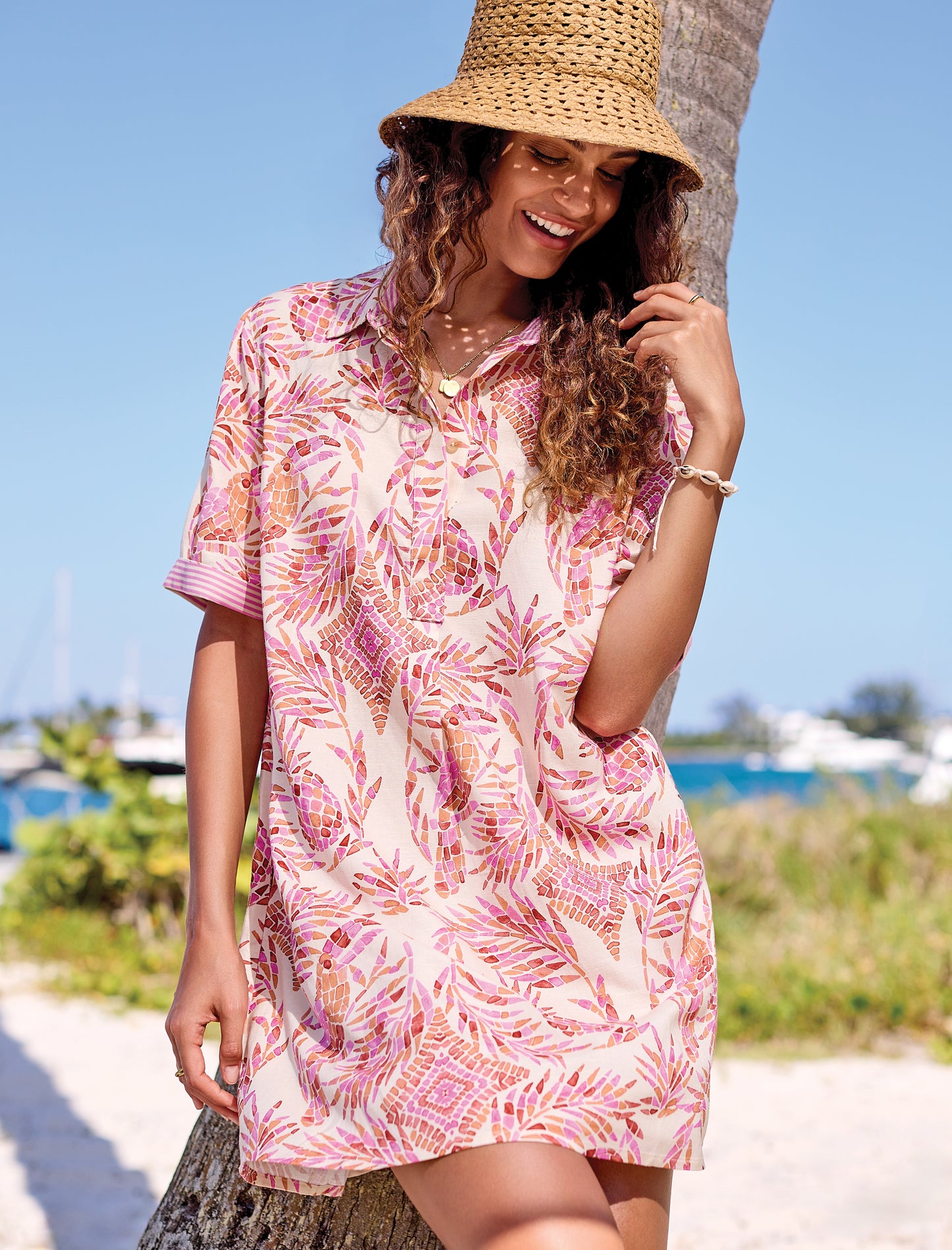 Tribal Elbow Sleeve Button Front Dress