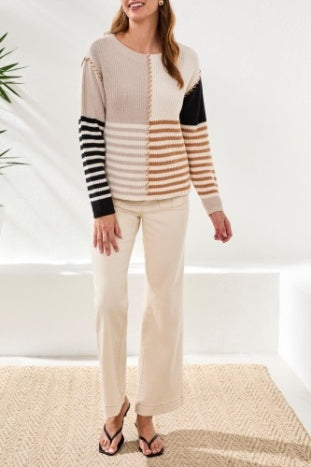 Tribal Multi Stripe Textured Boat Neck Sweater