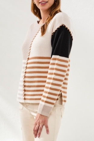 Tribal Multi Stripe Textured Boat Neck Sweater
