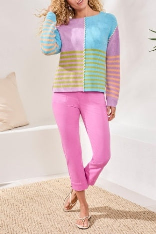 Tribal Multi Stripe Textured Boat Neck Sweater