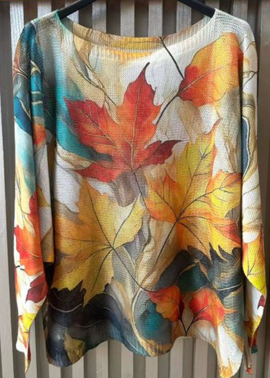 Fall Leaves Round Neck Knit Printed Sweater