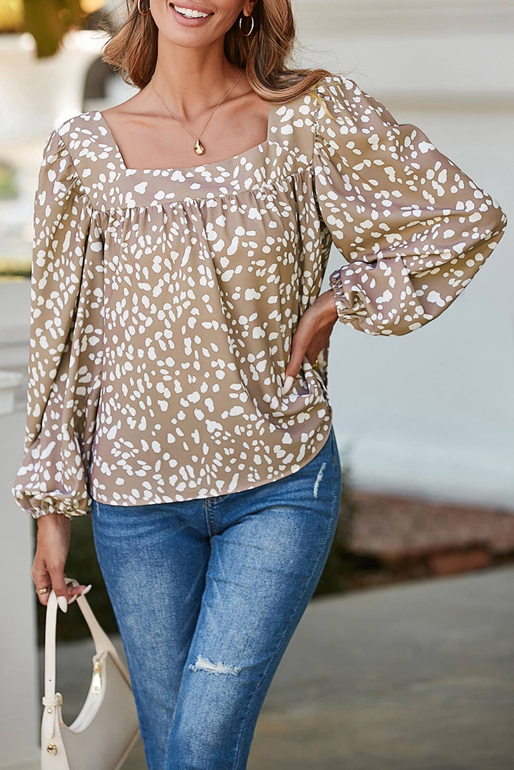 Leopard Square Neck Puff Sleeve Blouse