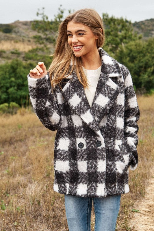 FUZZY BOUCLE TEXTURED DOUBLE BREASTED COAT JACKET