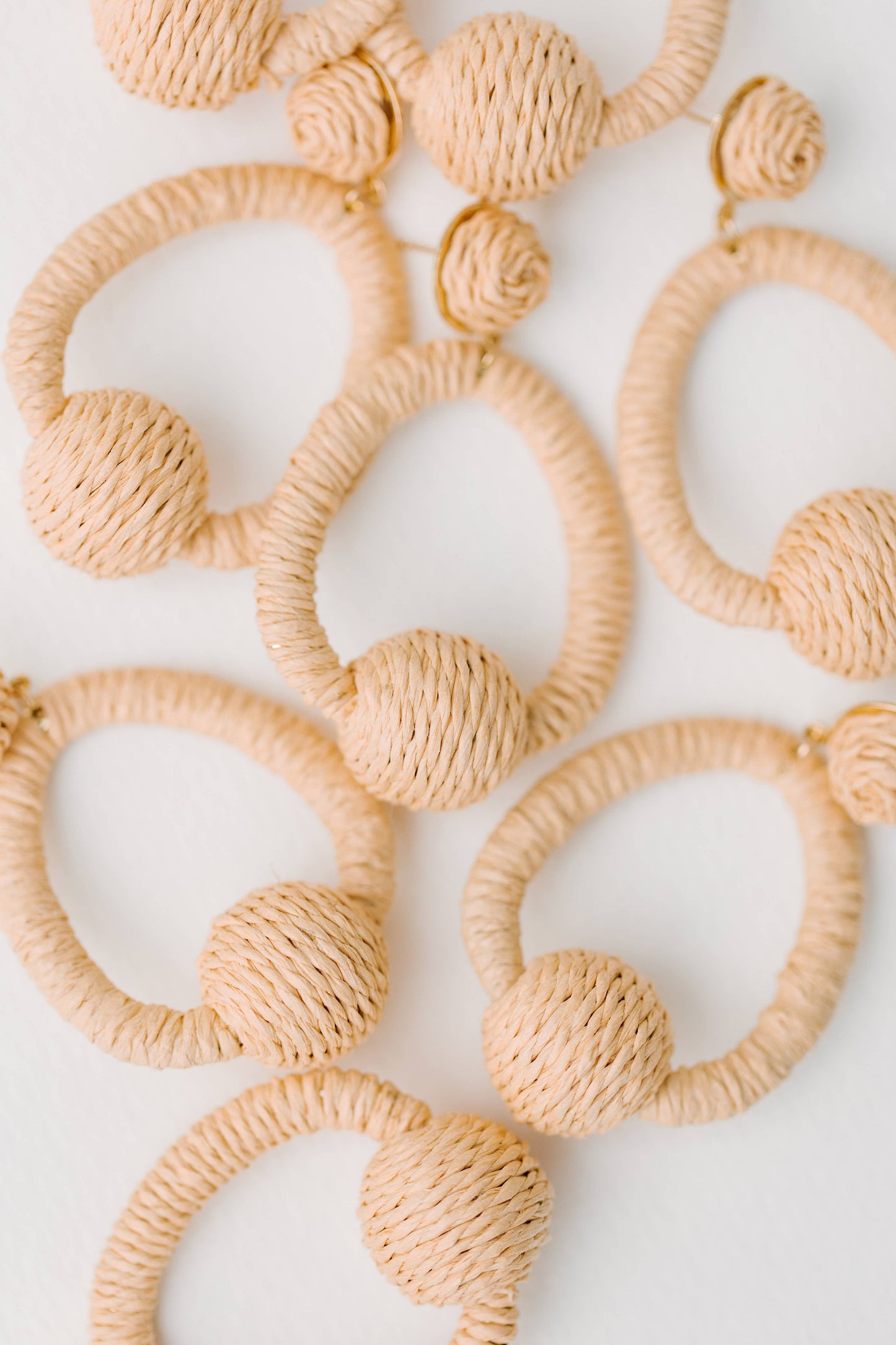 Brown Raffia Pom Pom Statement Hoop Earrings