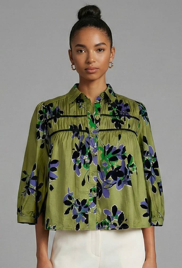 Meet Me In Santorini - Verdant Leaves Printed Pintuck Blouse