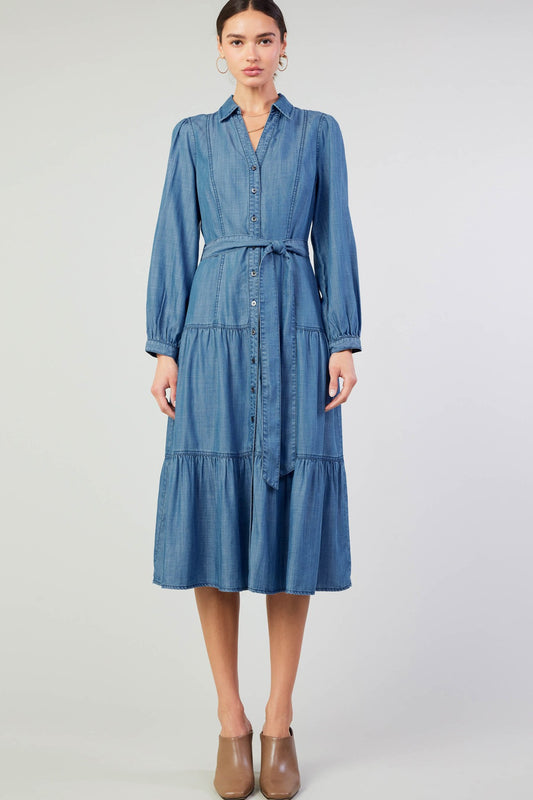Chambray Button Down Tiered Skirt Dress