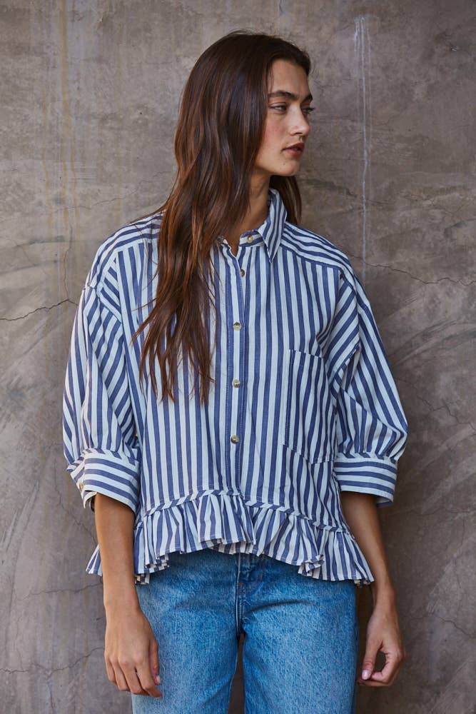 By Together Woven Cotton Striped Button Down Shirt Top