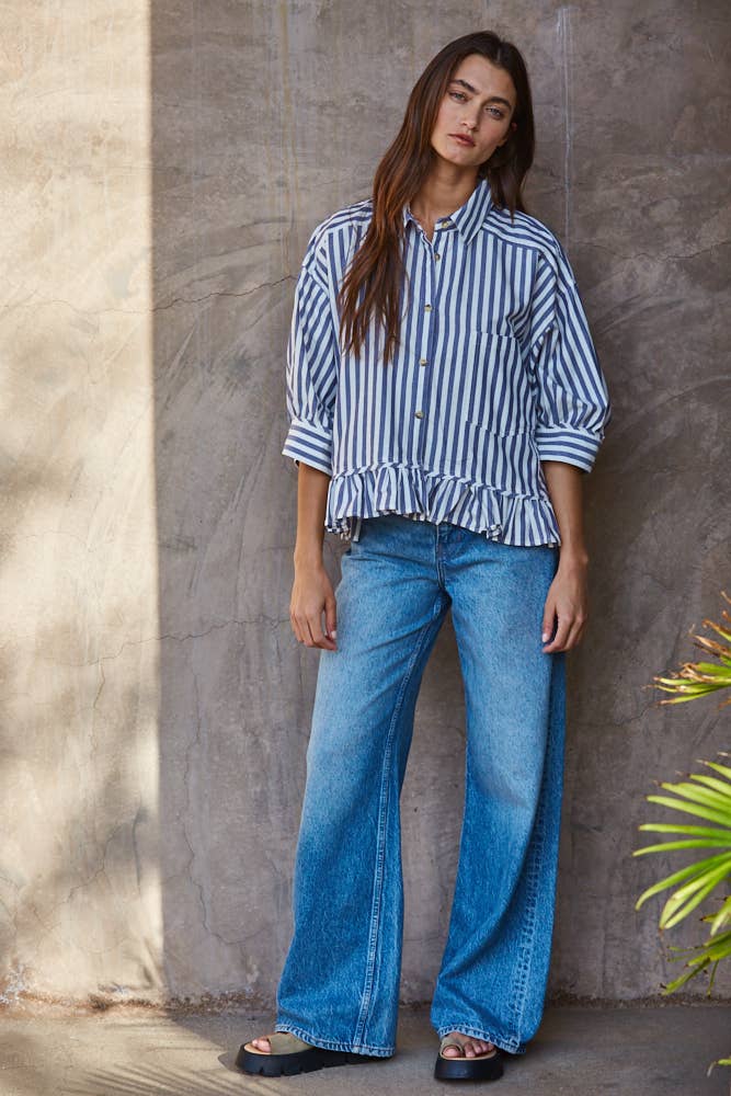 By Together Woven Cotton Striped Button Down Shirt Top