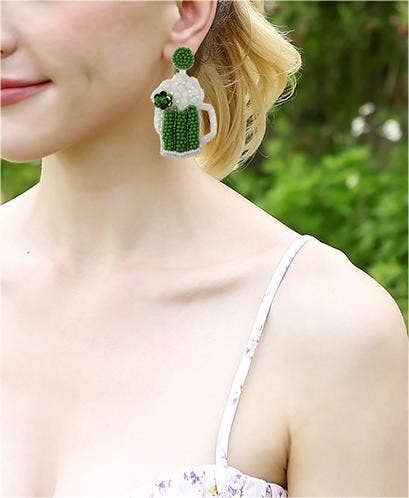 Women green beer mug St. Patrick's Day rice bead earrings