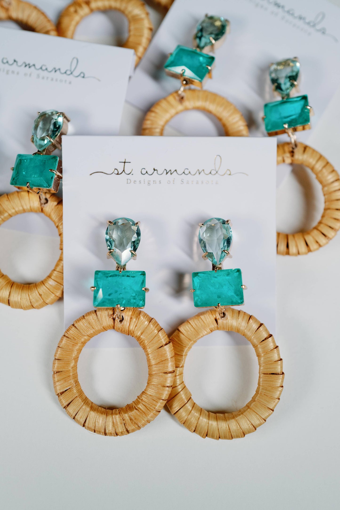 St Armands Designs of Sarasota - Turquoise Rattan Circle Drop Statement Earrings