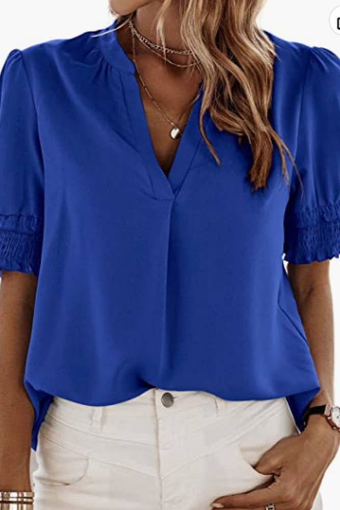 V Neck Bubble Sleeves Chiffon Top