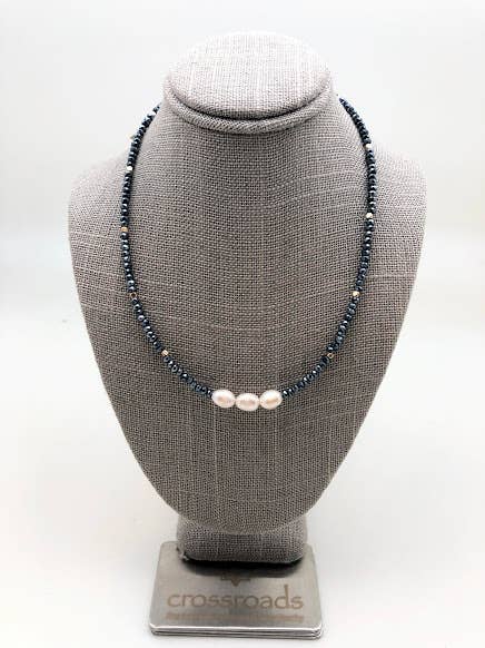Three Pearl Crystal Necklace: Navy