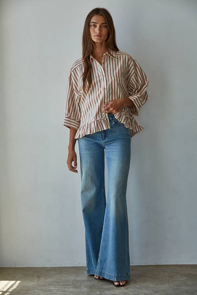 By Together Woven Cotton Striped Button Down Shirt Top