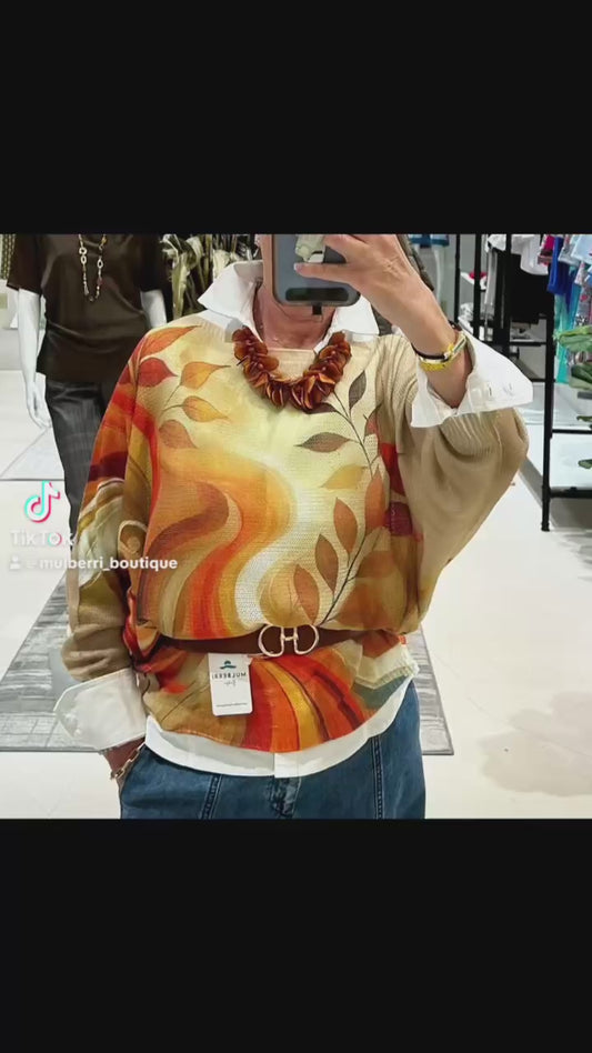 Cream Fall Leaves Round Neck Knit Printed Sweater