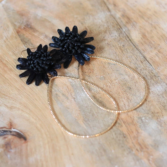 Black Raffia Flower Teardrop Dangle Earrings