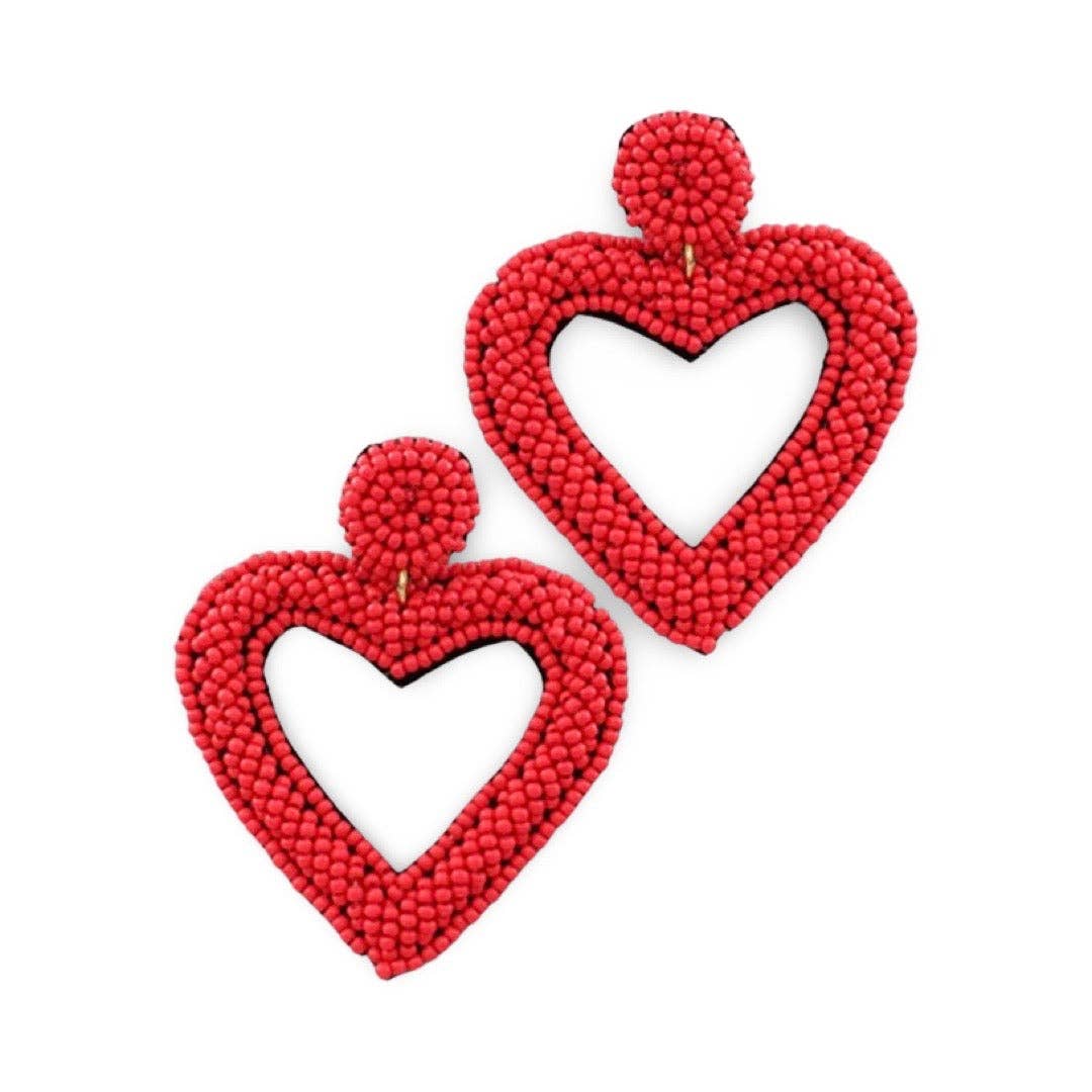 Red Open Beaded Heart Earrings