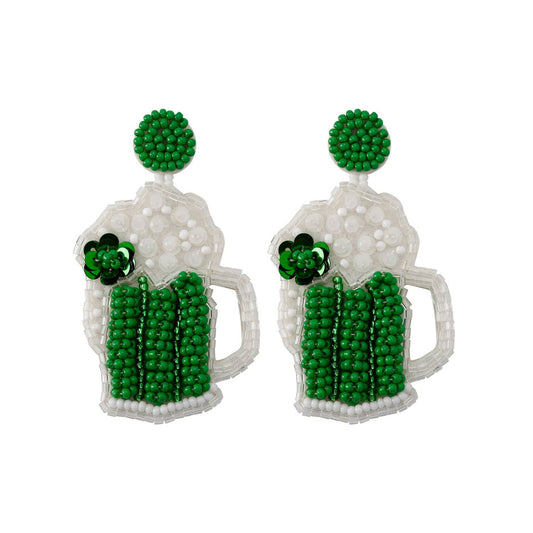 Women green beer mug St. Patrick's Day rice bead earrings