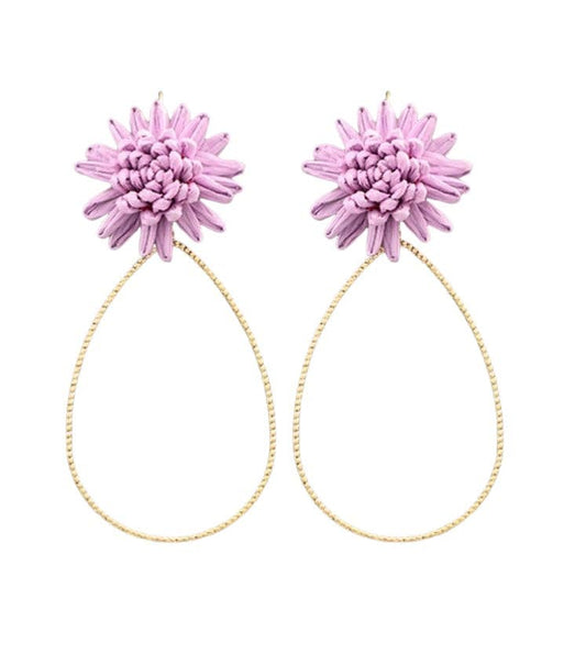 Lavender Raffia Flower Teardrop Earrings